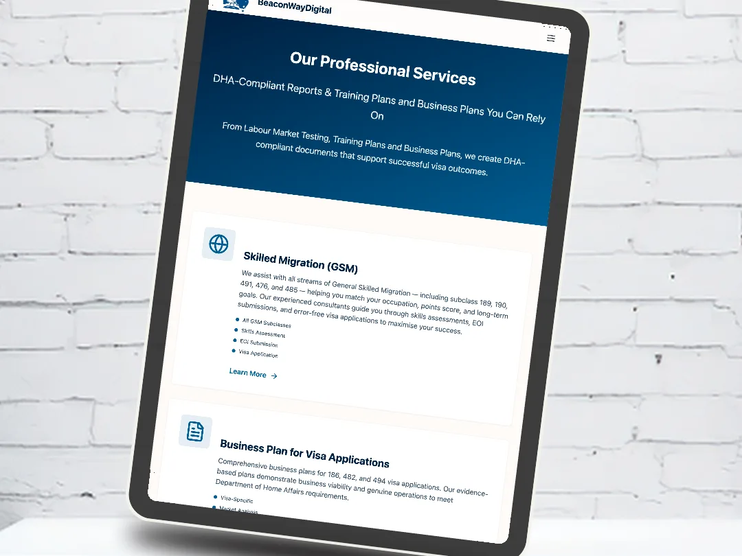 BeaconWay Digital services page on a tablet