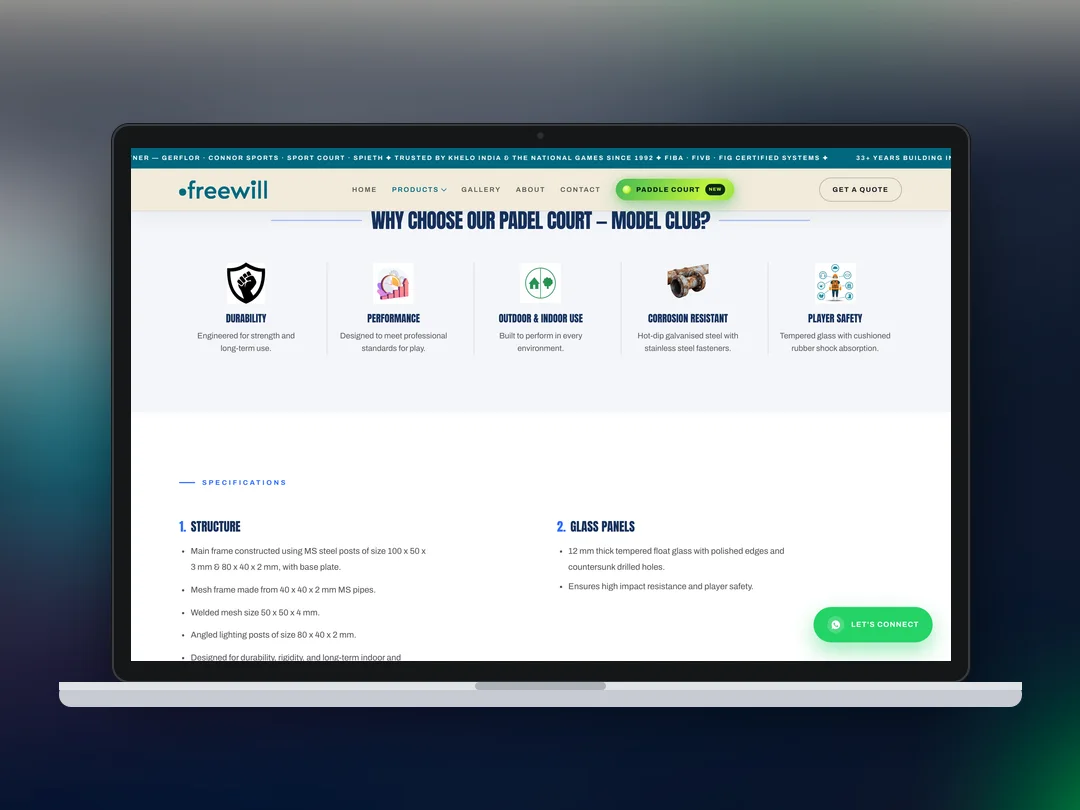 A product page: benefits, specifications and a quote form, all from the CMS
