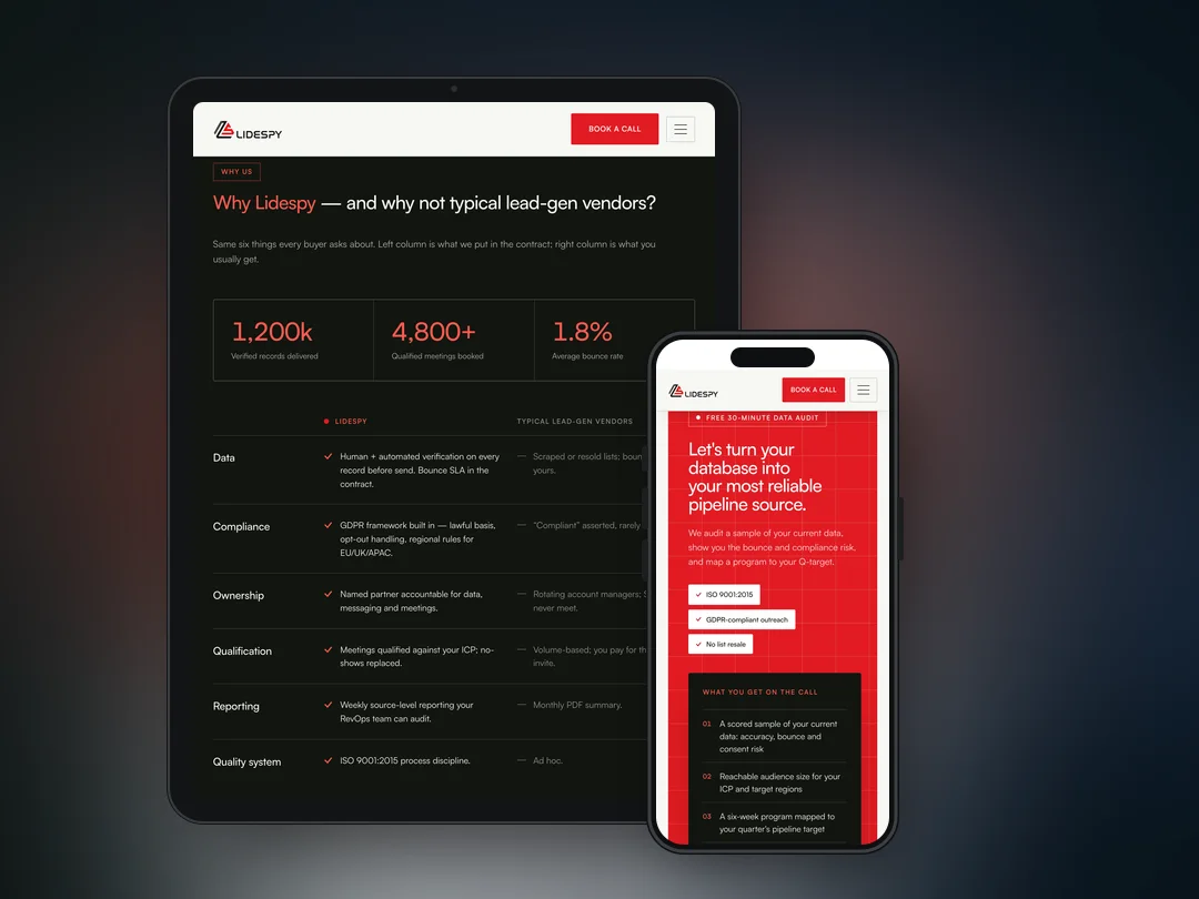 Vendor comparison on tablet, the free data audit on mobile