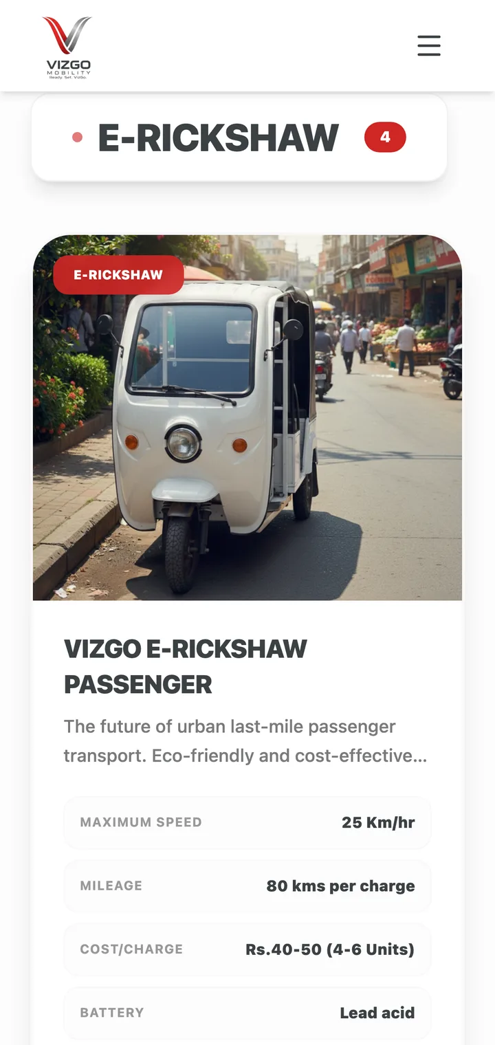 The e-rickshaw spec card on mobile