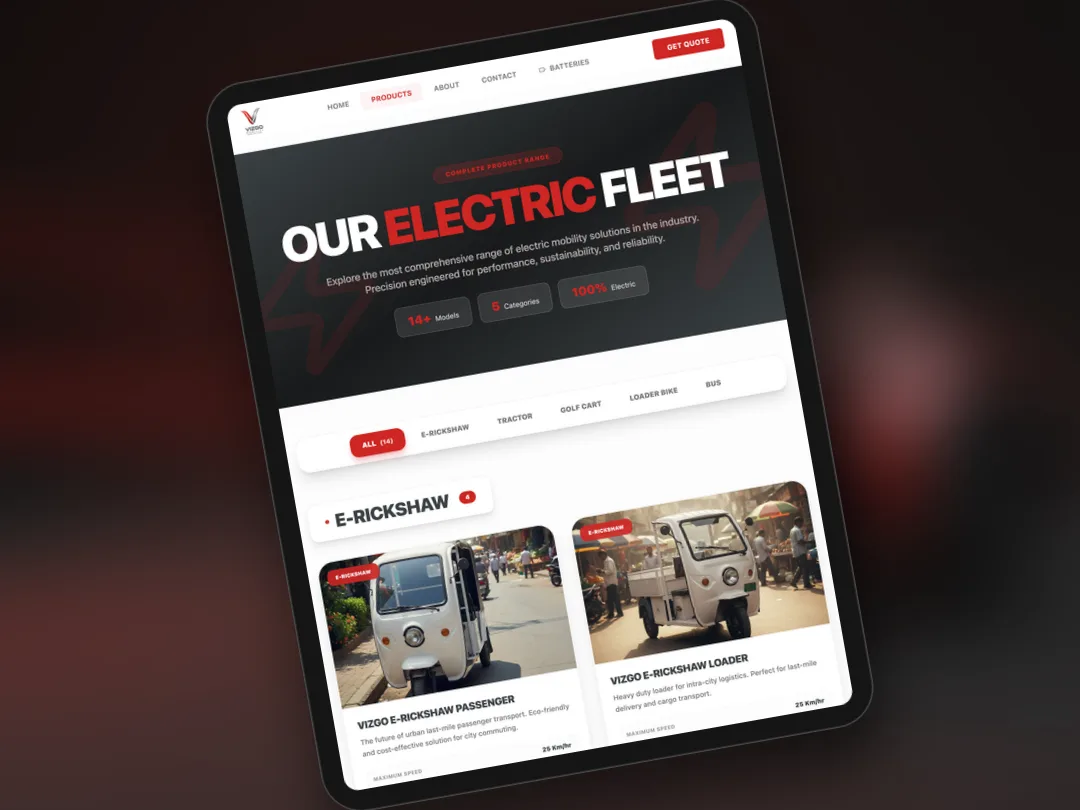 Vizgo Mobility fleet catalogue on a tablet